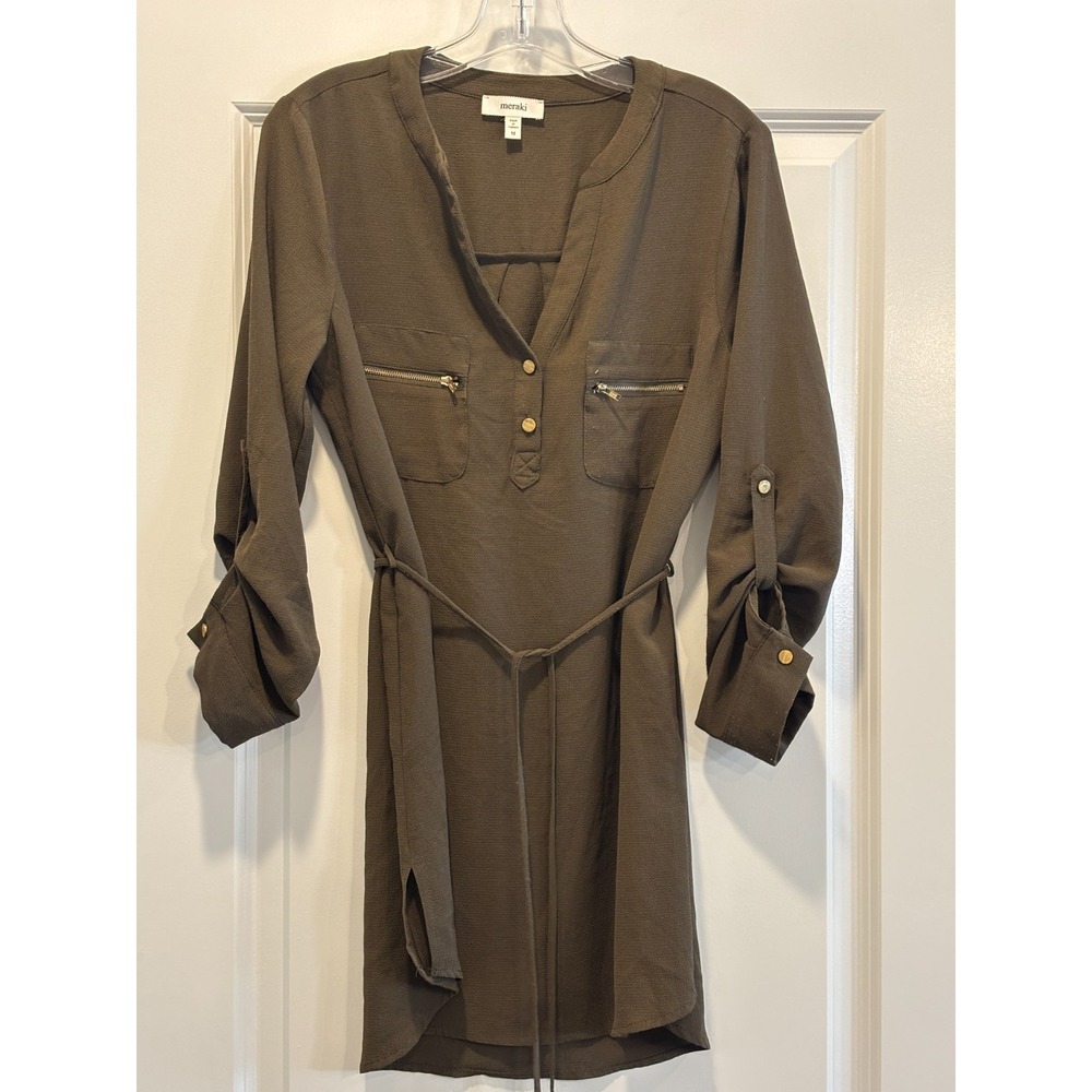 Meraki‎ Mini Shirt Dress Womens Medium Brown Roll Tab Sleeve Tie Waist V Neck